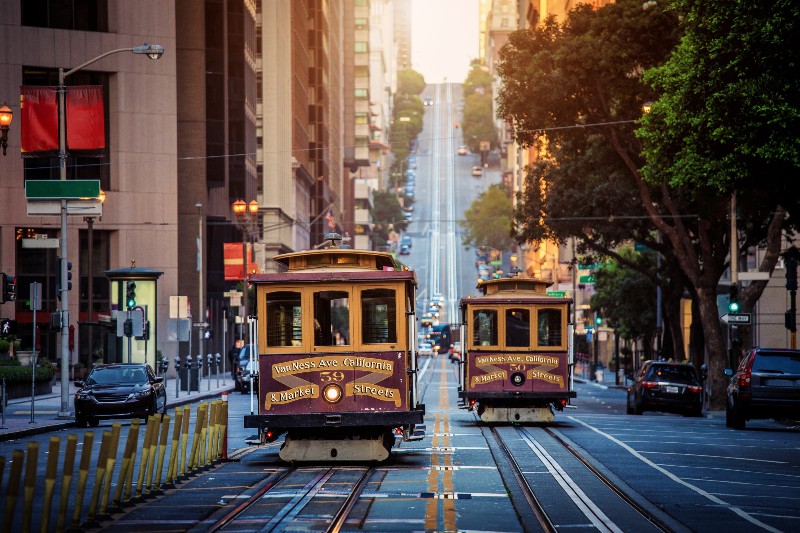 San Francisco Tourist Accident Lawyers. Picture of Cable Cars on Market Street