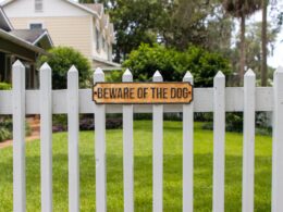 Photo of a beware of dog sign on a wooden fence