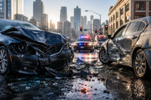Image of car accident and police car on San Francisco city street