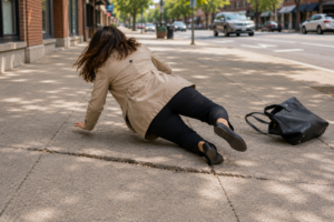 Image of woman tripping/slipping and falling on a city street