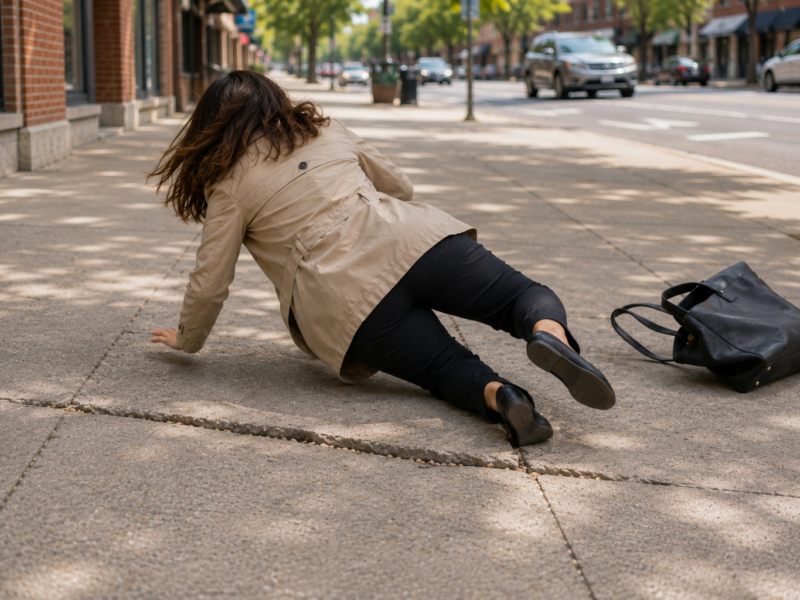 Image of woman tripping/slipping and falling on a city street
