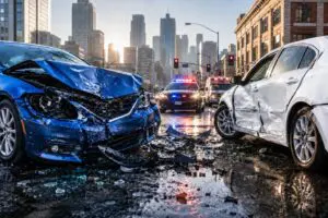 Image of car accident and police car on San Francisco city street