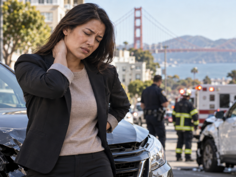 Photo of a woman holding her neck after a car accident in san francisco